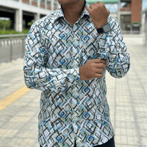 Blue, Black, White & Beige Geometric Abstract Print Shirt