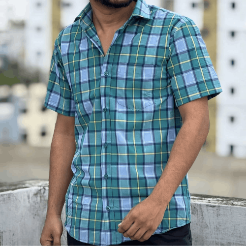 Green & Blue Plaid Half Sleeve Shirt
